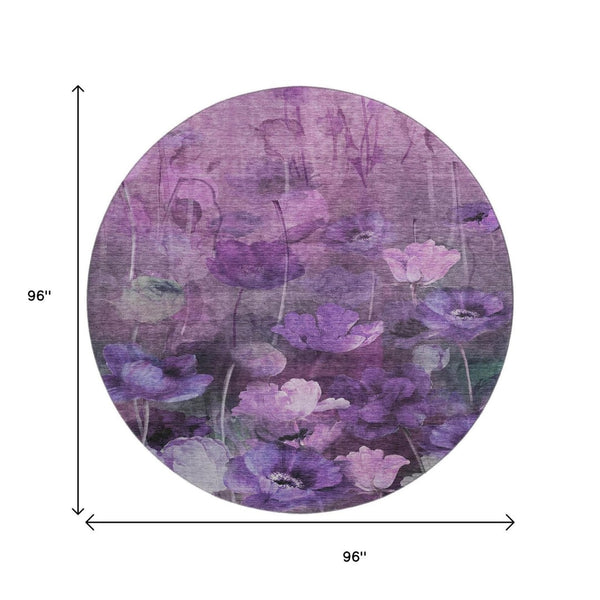 HomeRoots 8' Floral Washable Round Rug in Purple, Gray & Ivory - Durable, Stain-Resistant, UV Protected Design 651271