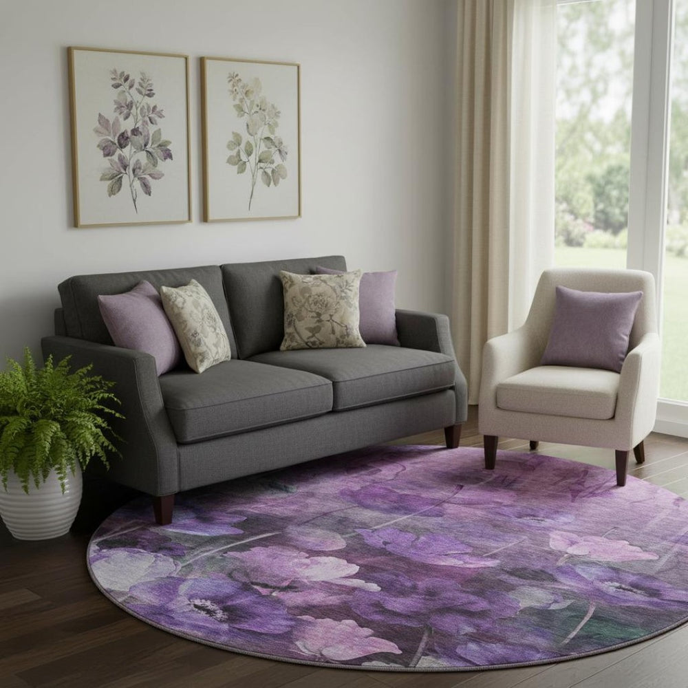 HomeRoots 8' Floral Washable Round Rug in Purple, Gray & Ivory - Durable, Stain-Resistant, UV Protected Design 651271