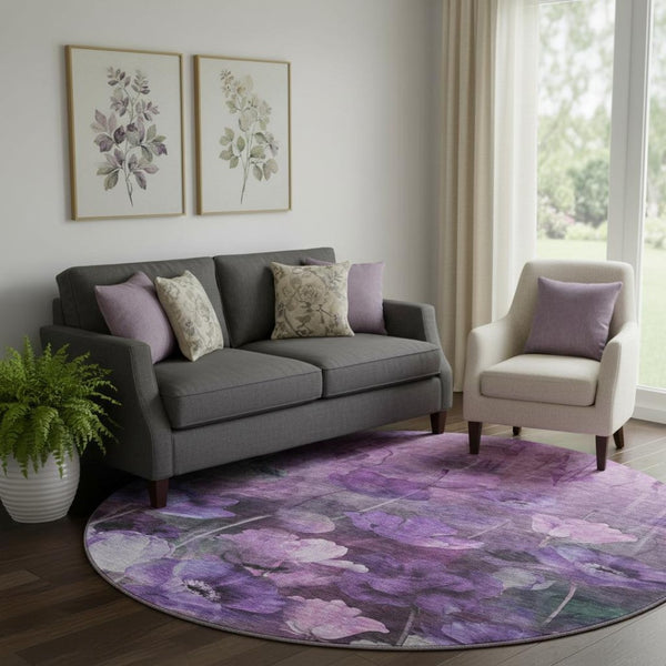HomeRoots 8' Floral Washable Round Rug in Purple, Gray & Ivory - Durable, Stain-Resistant, UV Protected Design 651271