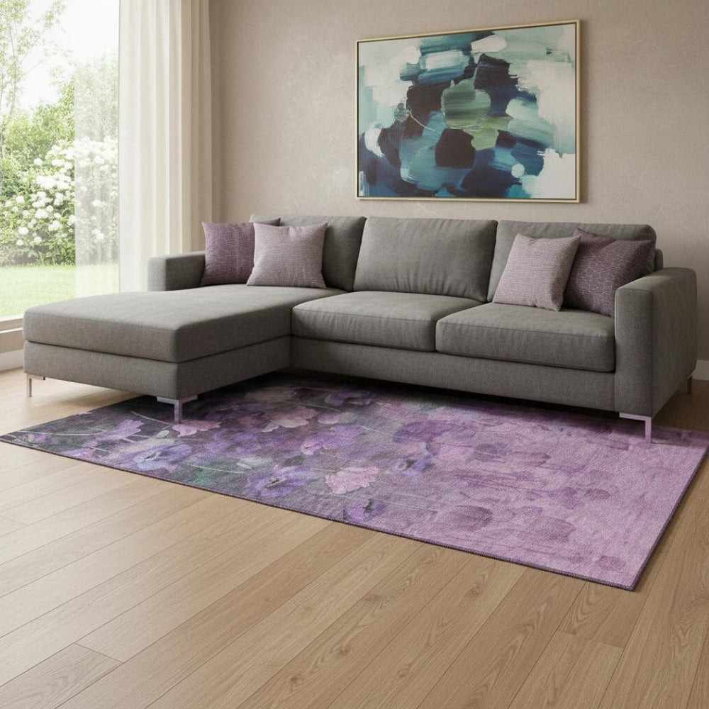 HomeRoots 8' X 10' Stylish Purple Gray Ivory Floral Washable Area Rug with UV Protection for Easy Living 651272