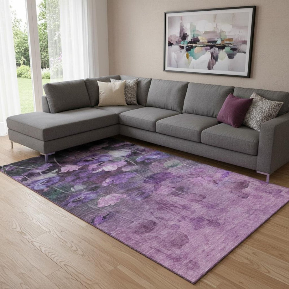 HomeRoots 9' Floral Area Rug in Purple, Gray & Ivory - Washable, UV-Protected, Durable for High-Traffic Areas 651273