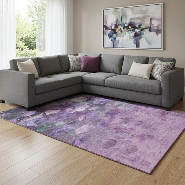 HomeRoots 10' X 14' Floral Area Rug in Purple, Gray & Ivory - Washable, UV Protected, Durable & Stylish Decor 651274