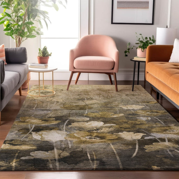 HomeRoots 5' X 8' Floral Area Rug in Taupe, Gold & Ivory - Washable, UV Protected, Durable & Stylish for Homes 651276