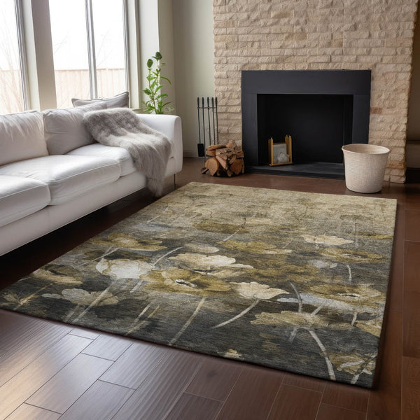 HomeRoots 5' X 8' Floral Area Rug in Taupe, Gold & Ivory - Washable, UV Protected, Durable & Stylish for Homes 651276