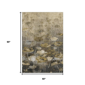 HomeRoots 5' X 8' Floral Area Rug in Taupe, Gold & Ivory - Washable, UV Protected, Durable & Stylish for Homes 651276