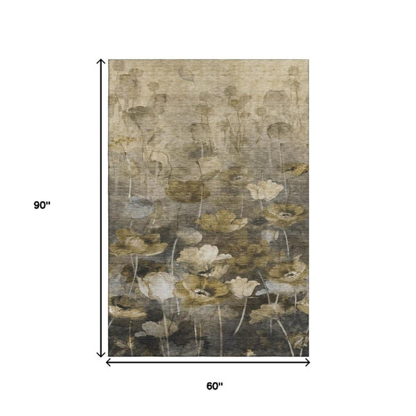 HomeRoots 5' X 8' Floral Area Rug in Taupe, Gold & Ivory - Washable, UV Protected, Durable & Stylish for Homes 651276