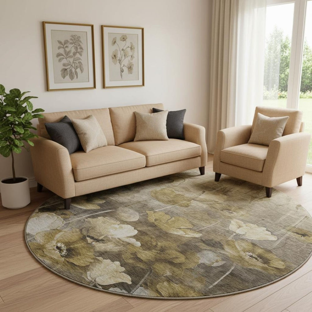 HomeRoots 8' Washable Round Rug in Taupe Gold and Ivory Floral Design with UV Protection for Easy Care 651277