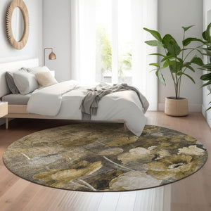 HomeRoots 8' Washable Round Rug in Taupe Gold and Ivory Floral Design with UV Protection for Easy Care 651277