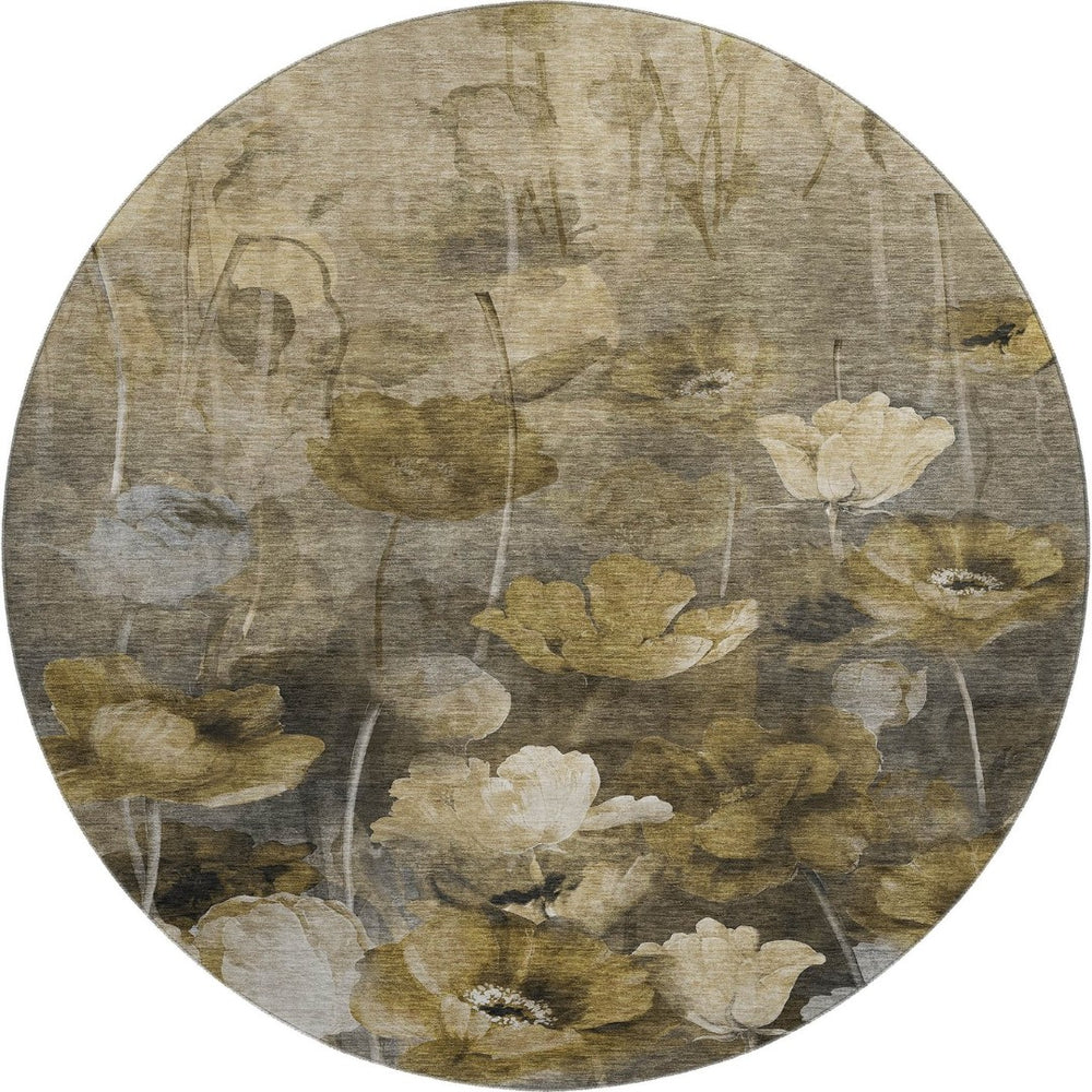 HomeRoots 8' Washable Round Rug in Taupe Gold and Ivory Floral Design with UV Protection for Easy Care 651277