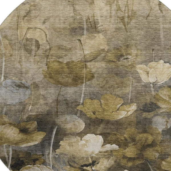 HomeRoots 8' Washable Round Rug in Taupe Gold and Ivory Floral Design with UV Protection for Easy Care 651277