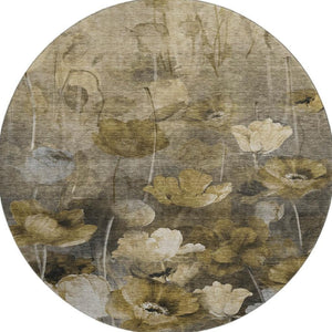 HomeRoots 8' Washable Round Rug in Taupe Gold and Ivory Floral Design with UV Protection for Easy Care 651277