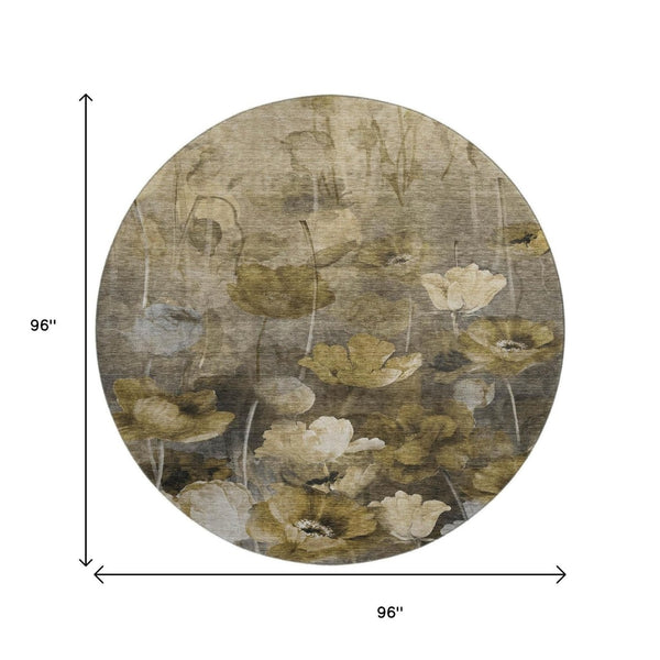 HomeRoots 8' Washable Round Rug in Taupe Gold and Ivory Floral Design with UV Protection for Easy Care 651277
