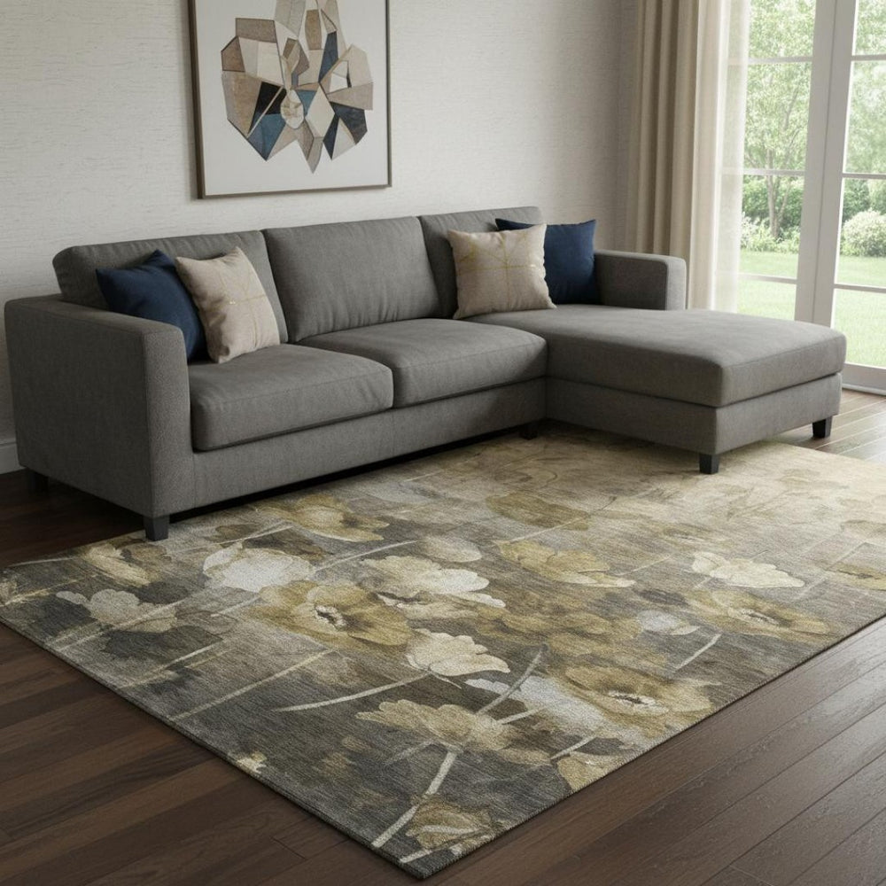 HomeRoots 9' X 12' Elegant Taupe Gold Ivory Floral Area Rug - Stain Resistant, UV Protected & Washable Design 651279