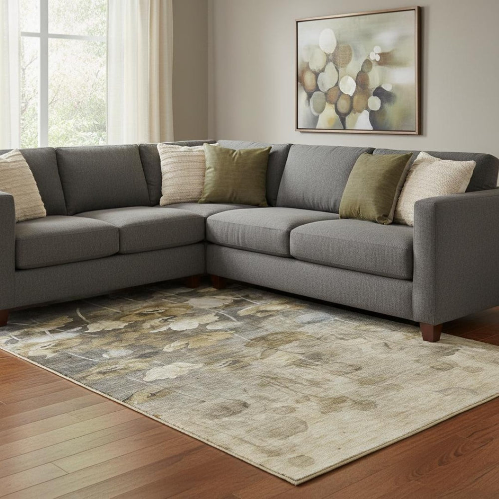 HomeRoots 10' X 14' Elegant Taupe Gold Ivory Floral Area Rug - Washable, Durable, UV Protected for Every Room 651280