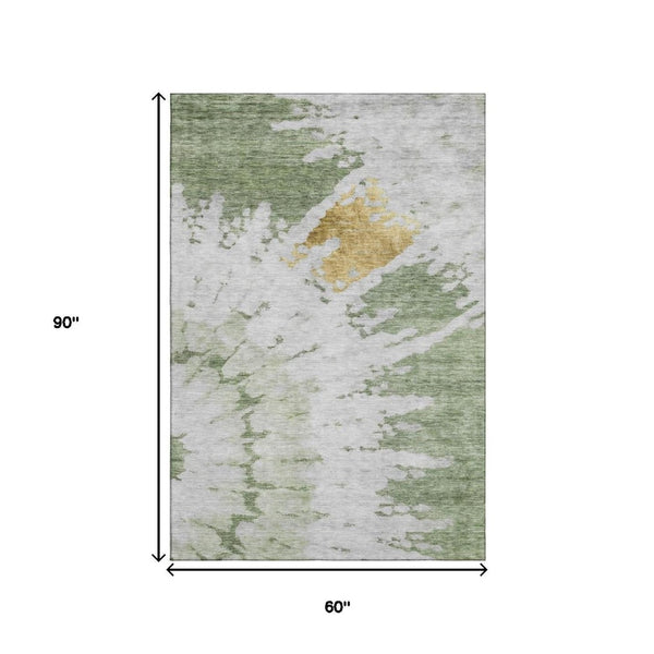 HomeRoots 5' X 8' Artichoke Green Gold Ivory Washable Area Rug - Stylish, Durable, UV-Protected Comfort for All Rooms 651282