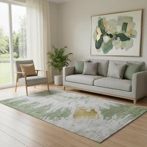 HomeRoots 5' X 8' Artichoke Green Gold Ivory Washable Area Rug - Stylish, Durable, UV-Protected Comfort for All Rooms 651282