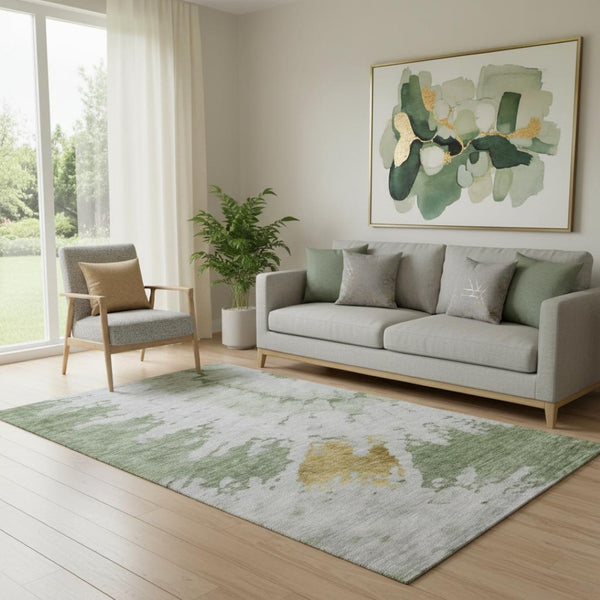 HomeRoots 5' X 8' Artichoke Green Gold Ivory Washable Area Rug - Stylish, Durable, UV-Protected Comfort for All Rooms 651282