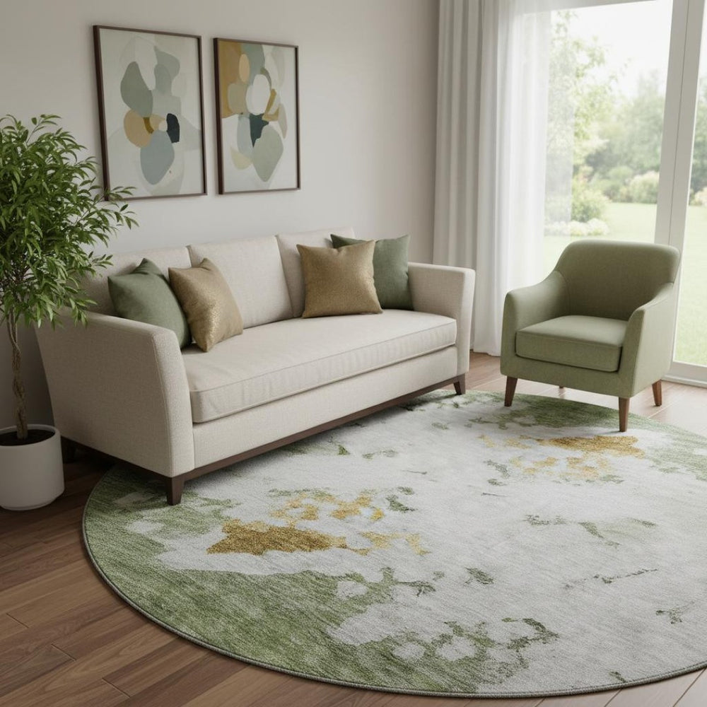 HomeRoots 8' Washable Round Rug in Artichoke Green, Gold & Ivory – Durable, UV-Protected Abstract Design 651283