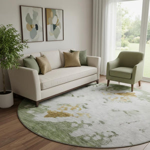 HomeRoots 8' Washable Round Rug in Artichoke Green, Gold & Ivory – Durable, UV-Protected Abstract Design 651283