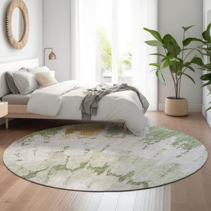 HomeRoots 8' Washable Round Rug in Artichoke Green, Gold & Ivory – Durable, UV-Protected Abstract Design 651283