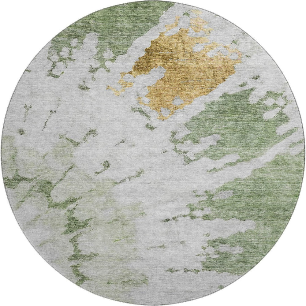HomeRoots 8' Washable Round Rug in Artichoke Green, Gold & Ivory – Durable, UV-Protected Abstract Design 651283