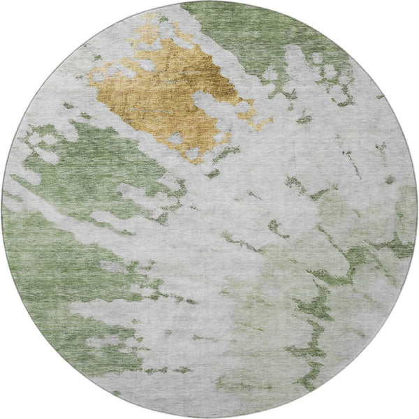HomeRoots 8' Washable Round Rug in Artichoke Green, Gold & Ivory – Durable, UV-Protected Abstract Design 651283
