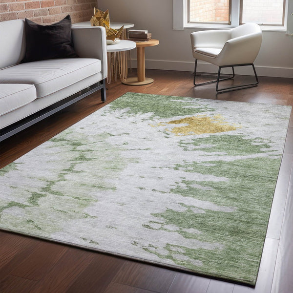 HomeRoots 8' X 10' Artichoke Green Gold Ivory Abstract Washable Area Rug – Durable, UV-Protected, Modern Style 651284