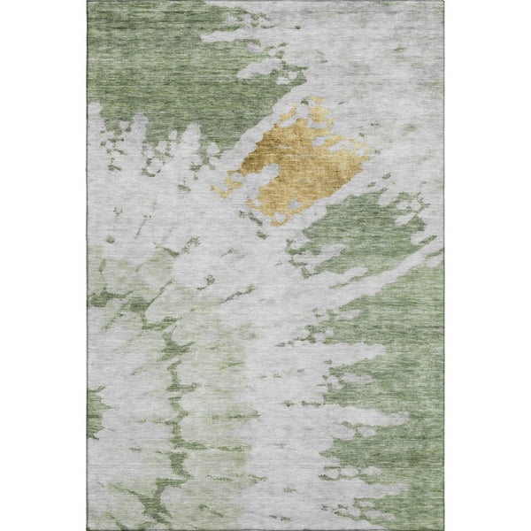 HomeRoots 8' X 10' Artichoke Green Gold Ivory Abstract Washable Area Rug – Durable, UV-Protected, Modern Style 651284