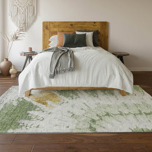 HomeRoots 8' X 10' Artichoke Green Gold Ivory Abstract Washable Area Rug – Durable, UV-Protected, Modern Style 651284