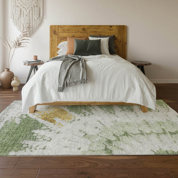 HomeRoots 8' X 10' Artichoke Green Gold Ivory Abstract Washable Area Rug – Durable, UV-Protected, Modern Style 651284