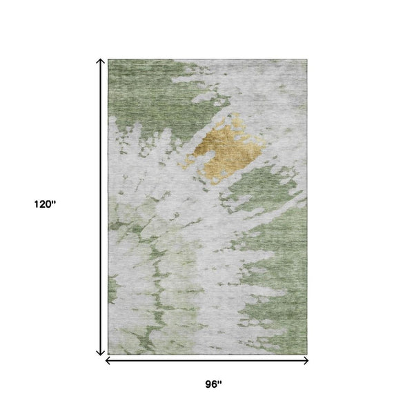 HomeRoots 8' X 10' Artichoke Green Gold Ivory Abstract Washable Area Rug – Durable, UV-Protected, Modern Style 651284