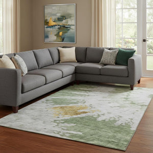 HomeRoots 8' X 10' Artichoke Green Gold Ivory Abstract Washable Area Rug – Durable, UV-Protected, Modern Style 651284