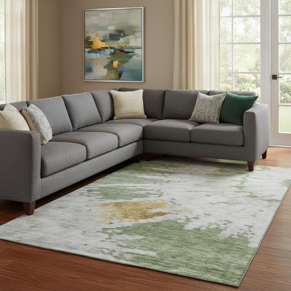HomeRoots 8' X 10' Artichoke Green Gold Ivory Abstract Washable Area Rug – Durable, UV-Protected, Modern Style 651284