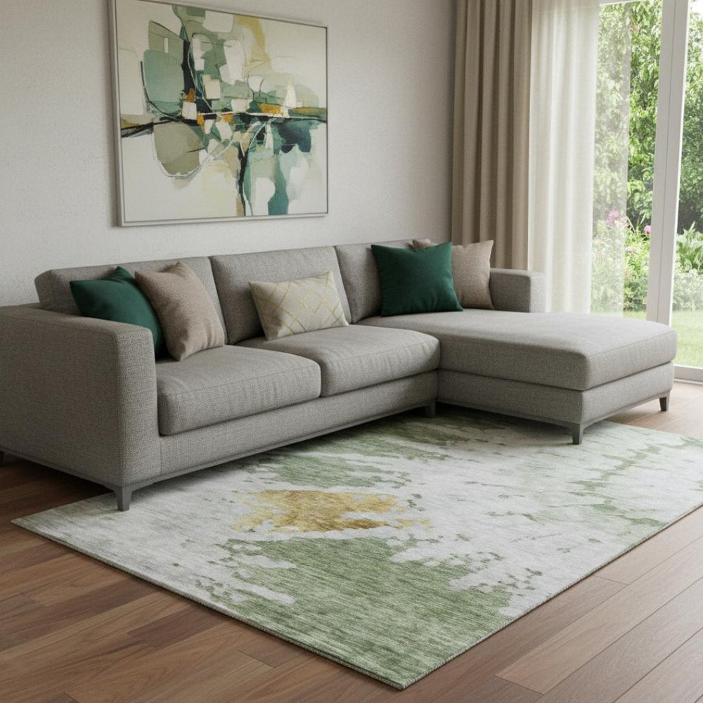 HomeRoots 9' X 12' Artichoke Green Abstract Washable Area Rug with UV Protection for Modern Living Spaces 651285