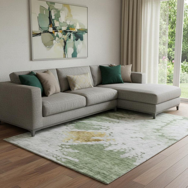 HomeRoots 9' X 12' Artichoke Green Abstract Washable Area Rug with UV Protection for Modern Living Spaces 651285