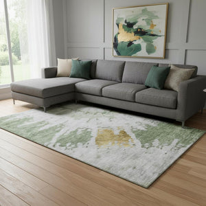 HomeRoots 10' Artichoke Green, Gold & Ivory Abstract Washable Area Rug - UV Protected & Stain Resistant! 651286