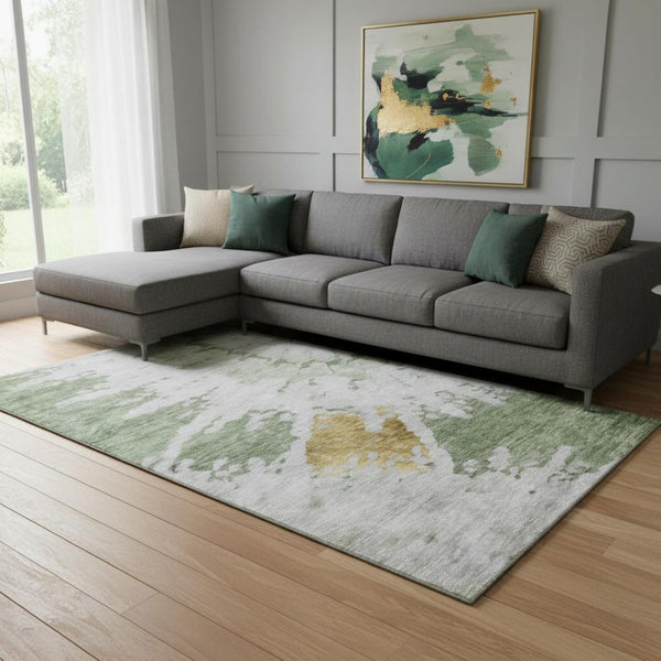 HomeRoots 10' Artichoke Green, Gold & Ivory Abstract Washable Area Rug - UV Protected & Stain Resistant! 651286