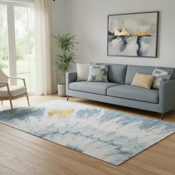 HomeRoots 5' X 8' Abstract Area Rug in Blue, Gold & Ivory - Washable, UV-Protected for Stylish, Active Spaces 651288