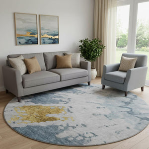 HomeRoots 8' Blue Gold Ivory Abstract Round Rug - Washable, UV-Protected, Durable, Modern Design for Any Space 651289