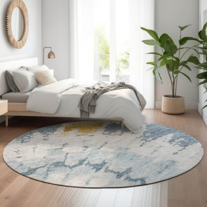 HomeRoots 8' Blue Gold Ivory Abstract Round Rug - Washable, UV-Protected, Durable, Modern Design for Any Space 651289