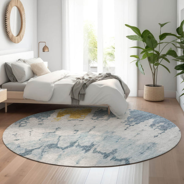 HomeRoots 8' Blue Gold Ivory Abstract Round Rug - Washable, UV-Protected, Durable, Modern Design for Any Space 651289