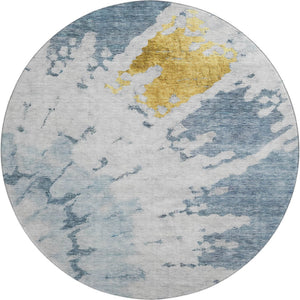 HomeRoots 8' Blue Gold Ivory Abstract Round Rug - Washable, UV-Protected, Durable, Modern Design for Any Space 651289