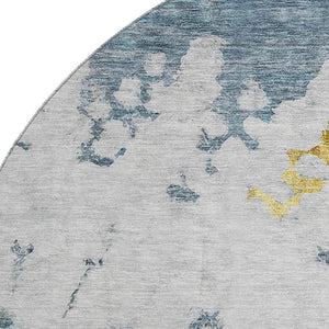 HomeRoots 8' Blue Gold Ivory Abstract Round Rug - Washable, UV-Protected, Durable, Modern Design for Any Space 651289