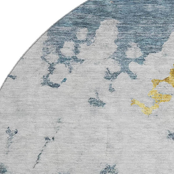 HomeRoots 8' Blue Gold Ivory Abstract Round Rug - Washable, UV-Protected, Durable, Modern Design for Any Space 651289