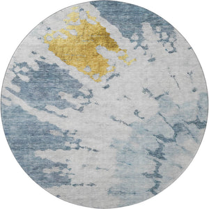 HomeRoots 8' Blue Gold Ivory Abstract Round Rug - Washable, UV-Protected, Durable, Modern Design for Any Space 651289