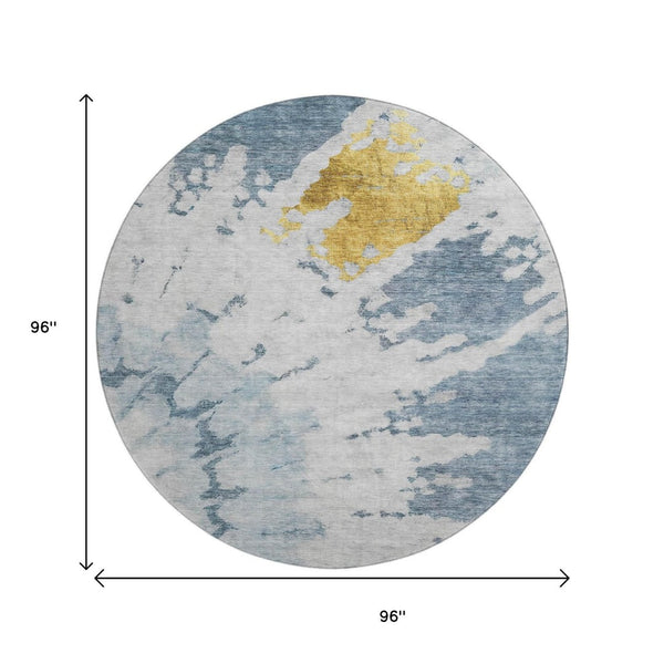 HomeRoots 8' Blue Gold Ivory Abstract Round Rug - Washable, UV-Protected, Durable, Modern Design for Any Space 651289