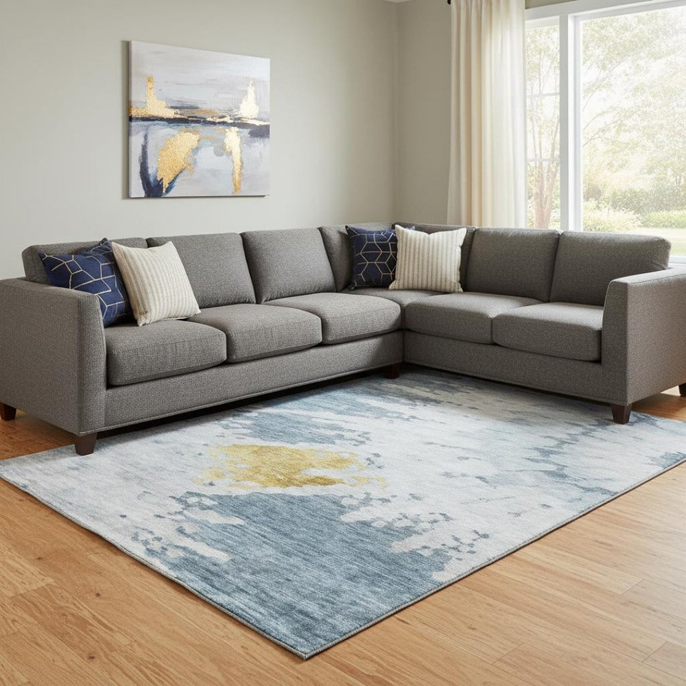 HomeRoots 9' X 12' Abstract Area Rug in Blue, Gold & Ivory - Washable, Stain-Resistant, UV Protected Elegance 651291