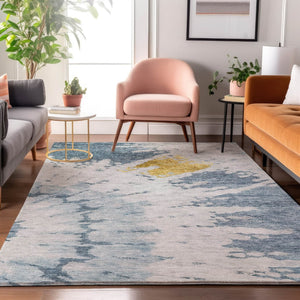HomeRoots 10' Blue Gold Ivory Abstract Washable Area Rug - Stylish, Durable, Stain-Resistant & UV Protected! 651292