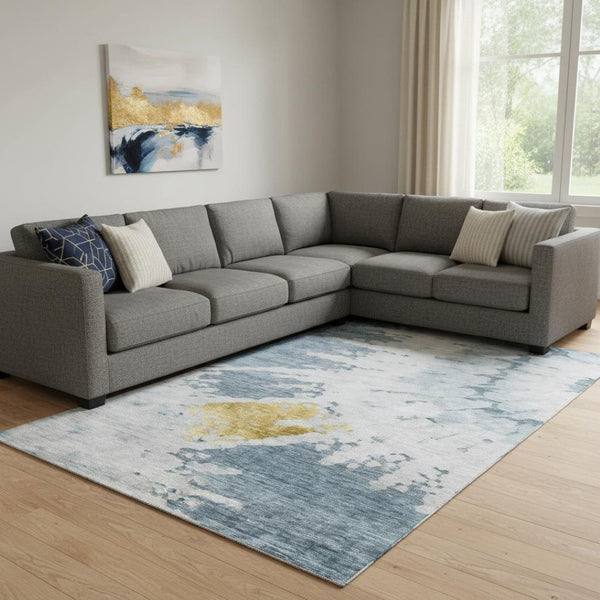 HomeRoots 10' Blue Gold Ivory Abstract Washable Area Rug - Stylish, Durable, Stain-Resistant & UV Protected! 651292
