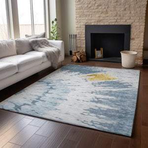 HomeRoots 10' Blue Gold Ivory Abstract Washable Area Rug - Stylish, Durable, Stain-Resistant & UV Protected! 651292